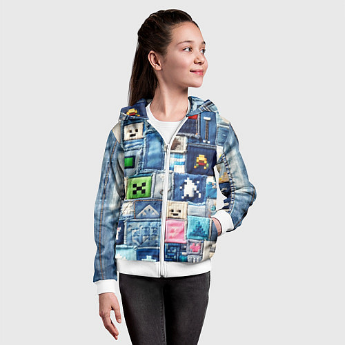 Детская толстовка на молнии Minecraft на пэчворк джинсах / 3D-Белый – фото 4
