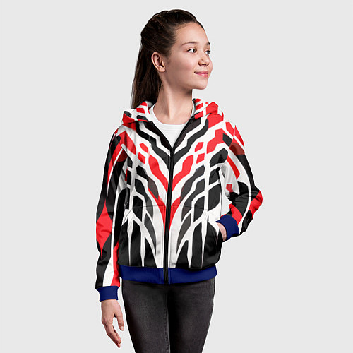 Детская толстовка на молнии Агрессивные красно-белые полосы на чёрном фоне / 3D-Синий – фото 4