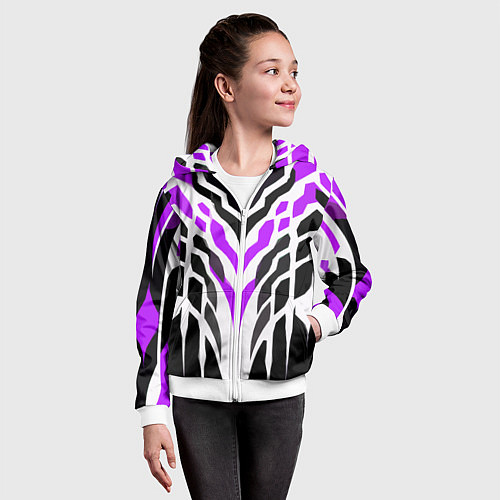 Детская толстовка на молнии Агрессивные фиолетово-белые полосы на чёрном фоне / 3D-Белый – фото 4