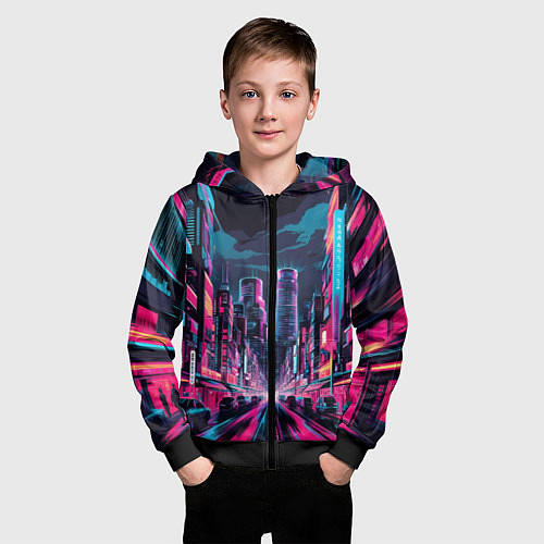 Детская толстовка на молнии Неоновый мегаполис / 3D-Черный – фото 3