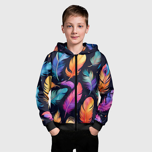Детская толстовка на молнии Разноцветные переливающиеся перья / 3D-Черный – фото 3