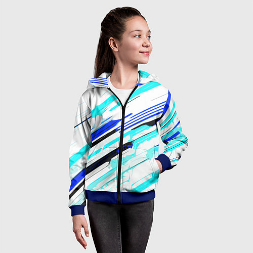 Детская толстовка на молнии Чёрно-сине-голубые полосы на белом фоне / 3D-Синий – фото 4