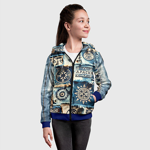 Детская толстовка на молнии Символы Апачи на пэчворк дениме / 3D-Синий – фото 4