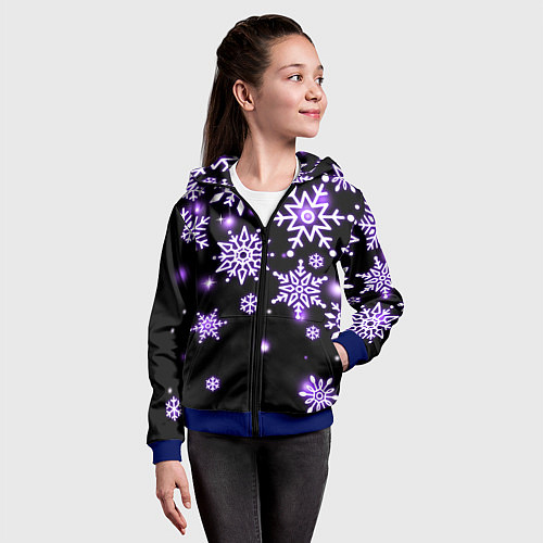 Детская толстовка на молнии Снежинки в неоне / 3D-Синий – фото 4