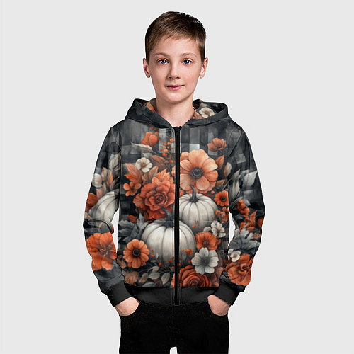 Детская толстовка на молнии Белые тыква с цветами / 3D-Черный – фото 3