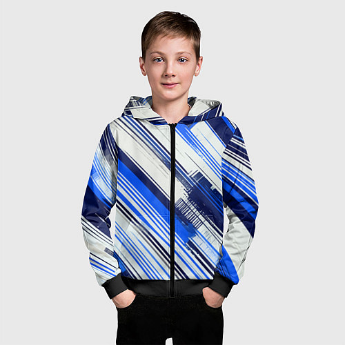 Детская толстовка на молнии Синие диагональные полосы на белом фоне / 3D-Черный – фото 3