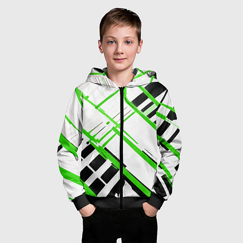 Детская толстовка на молнии Зелёно-чёрные полосы на белом фоне / 3D-Черный – фото 3