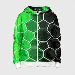 Толстовка на молнии детская Белые шестиугольники на чёрно-зелёном фоне, цвет: 3D-белый