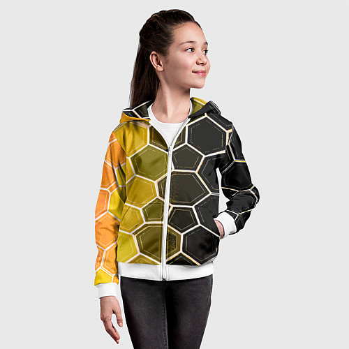 Детская толстовка на молнии Белые шестиугольники на чёрно-жёлтом фоне / 3D-Белый – фото 4
