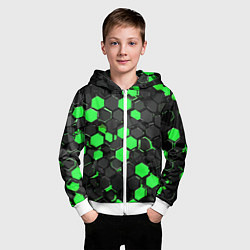 Толстовка на молнии детская Зелёно-серые шестиугольники на чёрном фоне, цвет: 3D-белый — фото 2