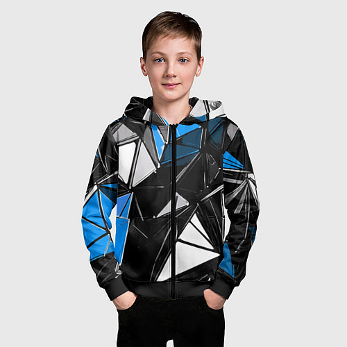 Детская толстовка на молнии Сине-белые рельефные треугольники на чёрном фоне / 3D-Черный – фото 3