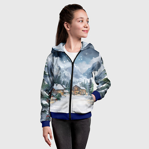 Детская толстовка на молнии Новый год - домики в горах / 3D-Синий – фото 4