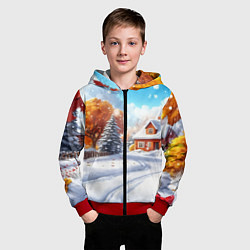 Толстовка на молнии детская Новогодний пейзаж и домики, цвет: 3D-красный — фото 2