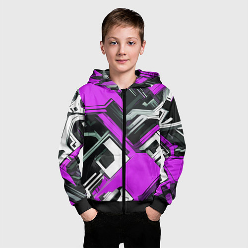 Детская толстовка на молнии Бело-фиолетовый техно паттерн на чёрном фоне / 3D-Черный – фото 3