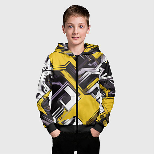 Детская толстовка на молнии Бело-жёлтый техно паттерн на чёрном фоне / 3D-Черный – фото 3
