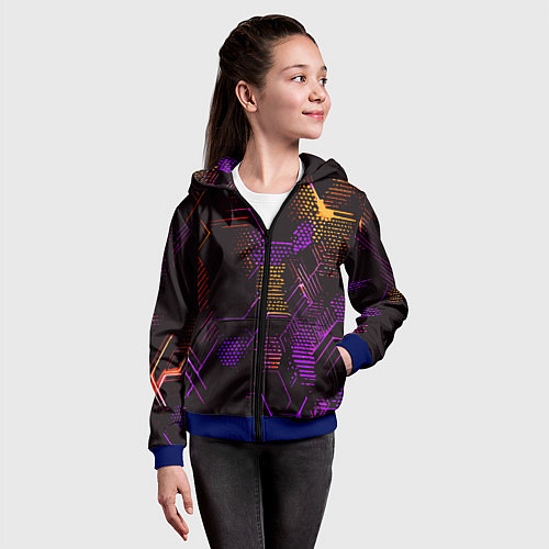 Детская толстовка на молнии Жёлто-фиолетовые точки и линии на чёрном фоне / 3D-Синий – фото 4