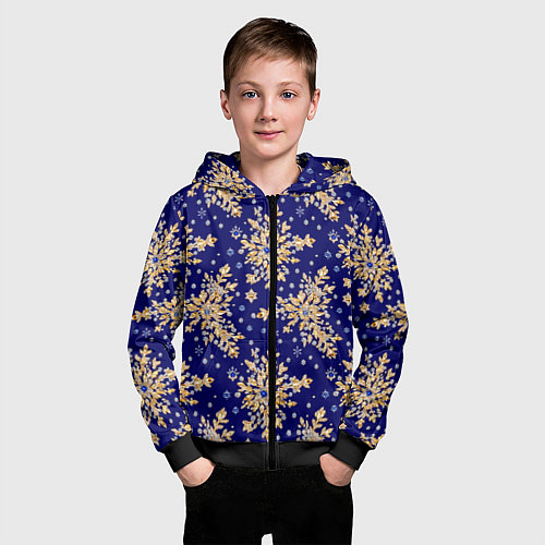 Детская толстовка на молнии Золотые снежинки на синем шелке / 3D-Черный – фото 3
