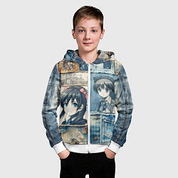 Толстовка на молнии детская Пэчворк деним и аниме, цвет: 3D-белый — фото 2