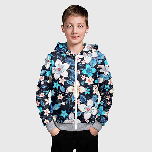 Детская толстовка на молнии Сине-белые цветы на чёрном фоне / 3D-Меланж – фото 3