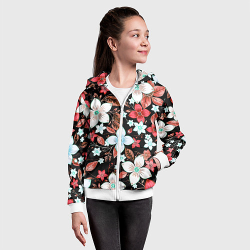 Детская толстовка на молнии Красно-белые цветы на чёрном фоне / 3D-Белый – фото 4