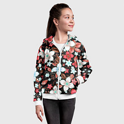 Толстовка на молнии детская Красно-белые цветы на чёрном фоне, цвет: 3D-белый — фото 2