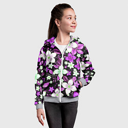 Толстовка на молнии детская Фиолетово-белые цветы на чёрном фоне, цвет: 3D-меланж — фото 2