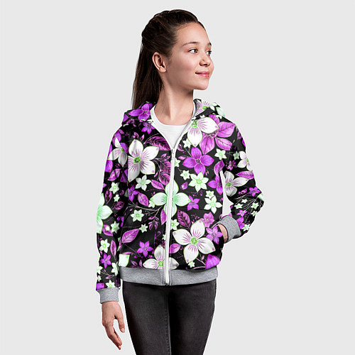 Детская толстовка на молнии Фиолетово-белые цветы на чёрном фоне / 3D-Меланж – фото 4
