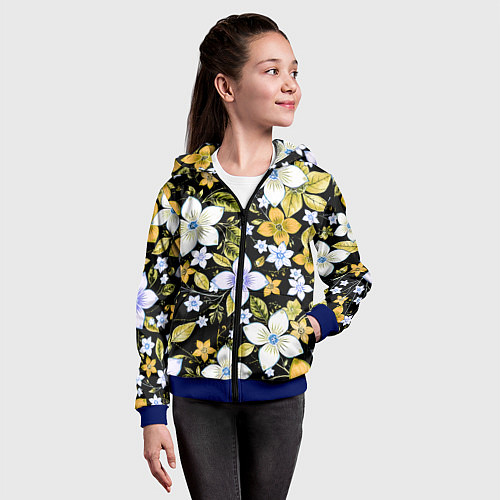 Детская толстовка на молнии Жёлто-белые цветы на чёрном фоне / 3D-Синий – фото 4