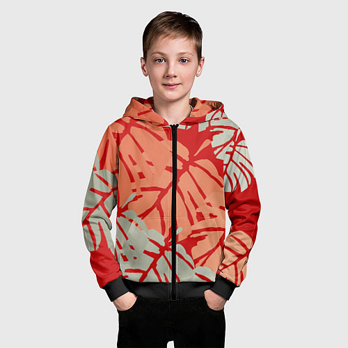 Детская толстовка на молнии Отпечатки монстеры на красном / 3D-Черный – фото 3
