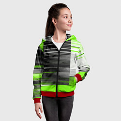 Толстовка на молнии детская Белые вертикальные полосы на чёрно-зелёном фоне, цвет: 3D-красный — фото 2