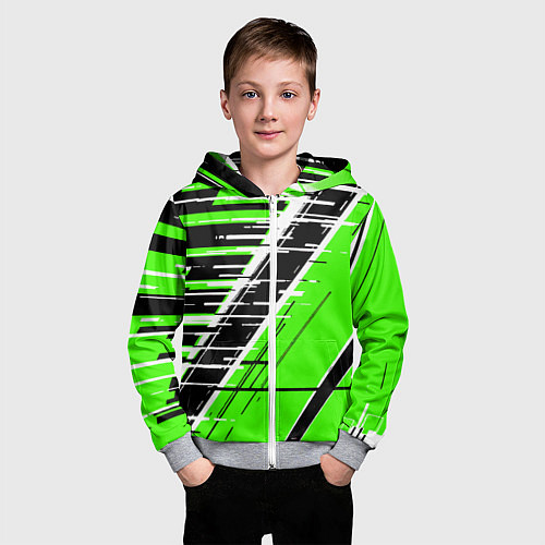 Детская толстовка на молнии Чёрно-белые глитч полосы на зелёном фоне / 3D-Меланж – фото 3