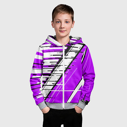Детская толстовка на молнии Чёрно-белые глитч полосы на фиолетовом фоне / 3D-Меланж – фото 3
