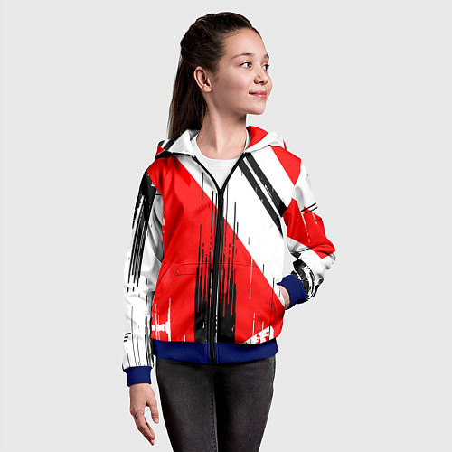 Детская толстовка на молнии Вертикальные чёрные линии на красно-белом фоне / 3D-Синий – фото 4