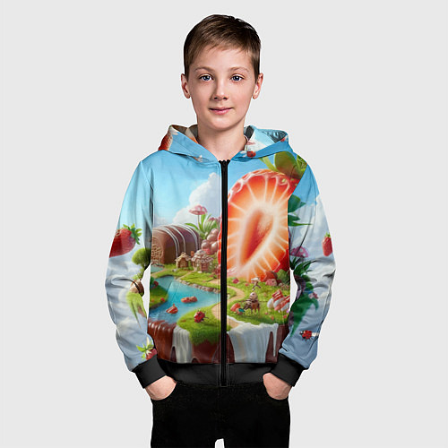 Детская толстовка на молнии Клубничная планета - нейроарт фантазия / 3D-Черный – фото 3