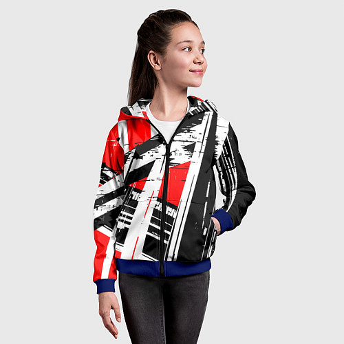 Детская толстовка на молнии Чёрно-белые абстрактные линии на красном фоне / 3D-Синий – фото 4