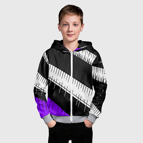 Детская толстовка на молнии Диагональные чёрно-белые полосы на фиолетовом фоне / 3D-Меланж – фото 3