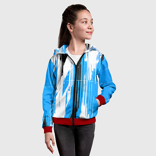 Детская толстовка на молнии Вертикальные чёрно-белые линии на синем фоне / 3D-Красный – фото 4