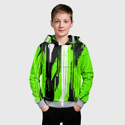 Детская толстовка на молнии Вертикальные чёрно-белые линии на зелёном фоне / 3D-Меланж – фото 3