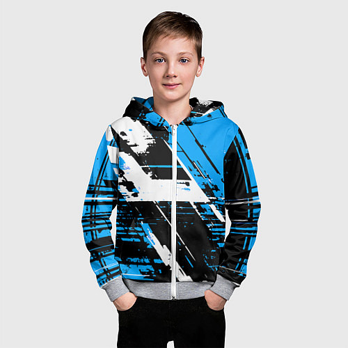 Детская толстовка на молнии Diagonal black and white stripes on a blue backgro / 3D-Меланж – фото 3