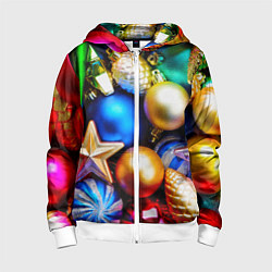 Толстовка на молнии детская Новогодние украшения, цвет: 3D-белый