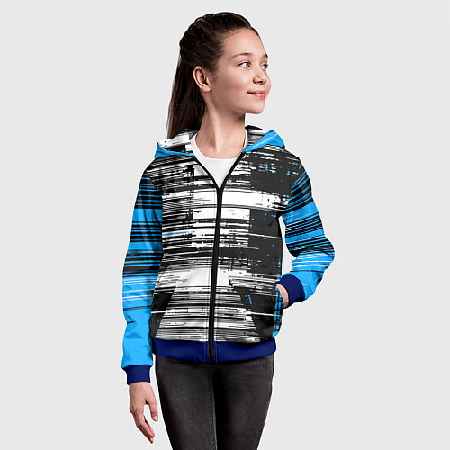 Детская толстовка на молнии Горизонтальные чёрные линии на бело-синем фоне / 3D-Синий – фото 4