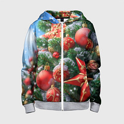 Толстовка на молнии детская Красные шары и звезда новогодняя, цвет: 3D-меланж