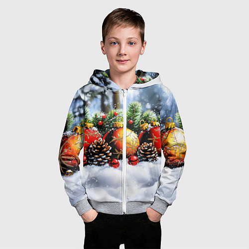 Детская толстовка на молнии Красные и желтый новогодние шары / 3D-Меланж – фото 3