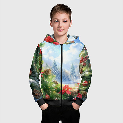 Детская толстовка на молнии Новогодний дневной пейзаж / 3D-Черный – фото 3