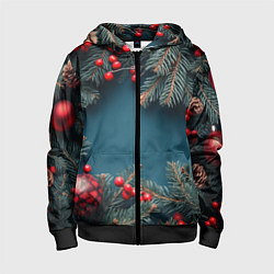 Толстовка на молнии детская Новогодний фон и рябина, цвет: 3D-черный