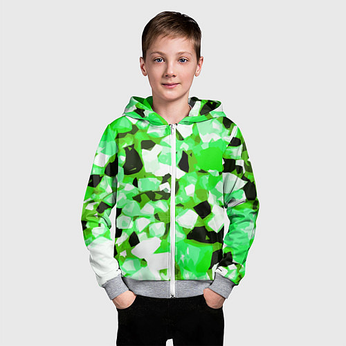 Детская толстовка на молнии Green and white abstraction on a black background / 3D-Меланж – фото 3
