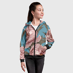 Толстовка на молнии детская Розовые пионы на голубом, цвет: 3D-черный — фото 2