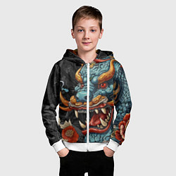 Толстовка на молнии детская Дракон в стиле японской татуировки ирезуми, цвет: 3D-белый — фото 2