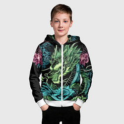 Толстовка на молнии детская Ирезуми - неоновый японский дракон, цвет: 3D-белый — фото 2