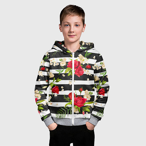 Детская толстовка на молнии Красные розы на черных полосках / 3D-Меланж – фото 3